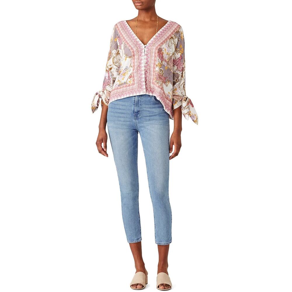 Free People Catch Me If You Can Pink White Floral Boho Top Tie Sleeves EUC S